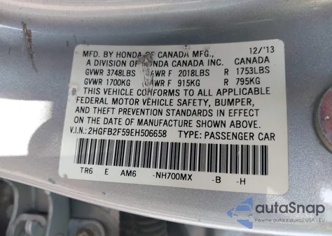 2014 Honda Civic Lx z USA, uszkodzony, nr VIN 2HGFB2F59EH506658